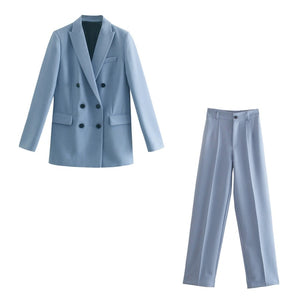 WIXRA Women Casual Double Breasted Vintage Blazer Coat + Pants Set
