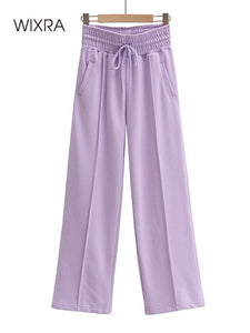 WIXRA Women Drawstring Wide Leg Casual High Elastic Waist Pants