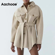 Load image into Gallery viewer, AACHOAE Women Long Sleeve Turn Down Collard Wool Coat With Belt