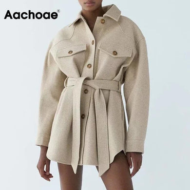 AACHOAE Women Long Sleeve Turn Down Collard Wool Coat With Belt