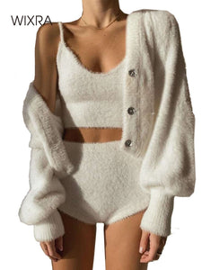 WIXRA Women Long Sleeve Cardigan+ Elastic Waist Shorts 2/3 Piece Sets