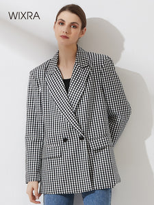 WIXRA Women Plaid Double Breasted Vintage Blazer Coat