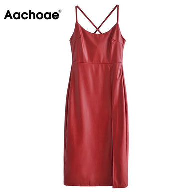 AACHOAE Women Red Pu Faux Leather Dress