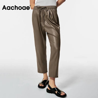 AACHOAE Women Pu Faux Leather Elastic Waist Sports Pants