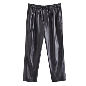 AACHOAE Women Pu Faux Leather Elastic Waist Sports Pants
