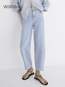 WIXRA Women Light Blue Pockets Loose Denim Jeans