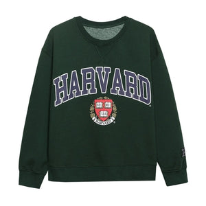 TANGADA Women Graphic Print Dark Green Fleece Sweatshirts And Oversize Long Sleeve O Neck Loose Pullovers