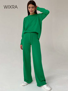 WIXRA Women 2 Piece Set O-Neck Pullover Sweater + Elastic High Waist Drawstring Wide-Leg Pants