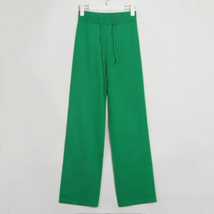 WIXRA Women 2 Piece Set O-Neck Pullover Sweater + Elastic High Waist Drawstring Wide-Leg Pants
