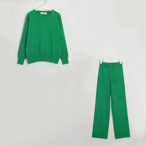 WIXRA Women 2 Piece Set O-Neck Pullover Sweater + Elastic High Waist Drawstring Wide-Leg Pants