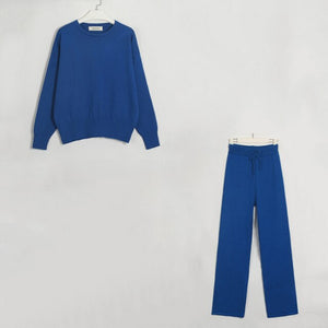 WIXRA Women 2 Piece Set O-Neck Pullover Sweater + Elastic High Waist Drawstring Wide-Leg Pants