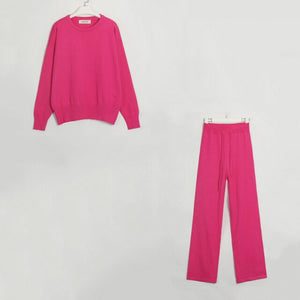 WIXRA Women 2 Piece Set O-Neck Pullover Sweater + Elastic High Waist Drawstring Wide-Leg Pants