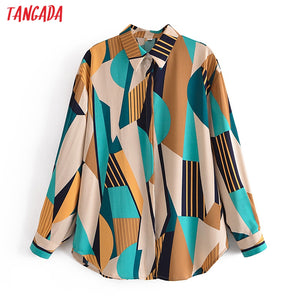 TANGADA Women Geometry Print Long Sleeve Blouse