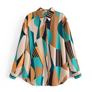 TANGADA Women Geometry Print Long Sleeve Blouse