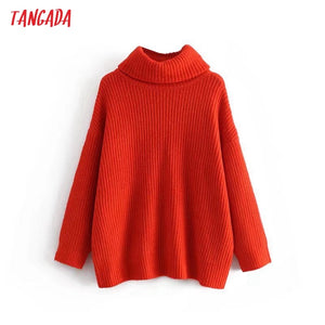 TANGADA Women Red Turtleneck Oversized Knitted Sweater