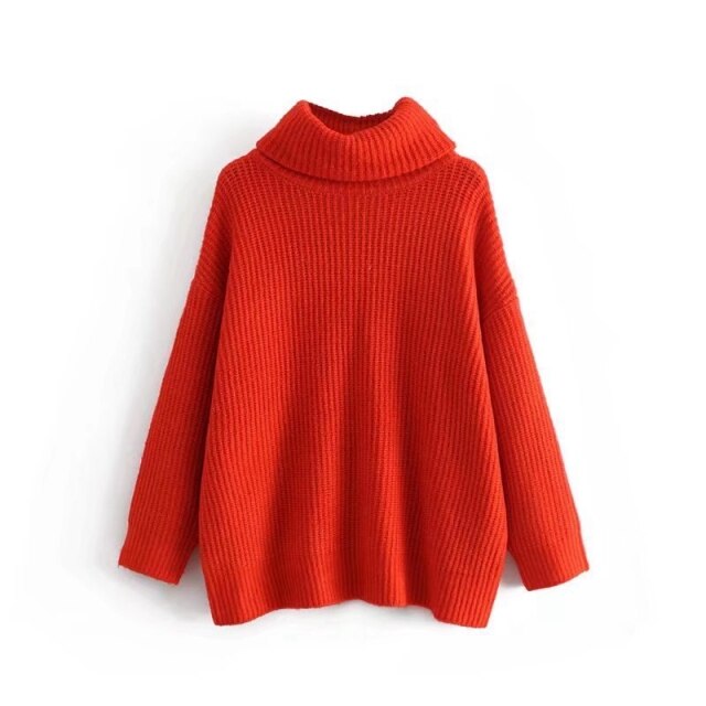 TANGADA Women Red Turtleneck Oversized Knitted Sweater