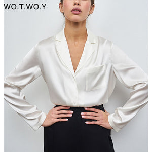 WOTWOY Women Satin Silk Long Sleeve Shirt