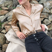 Load image into Gallery viewer, WOTWOY Women Satin Silk Long Sleeve Shirt