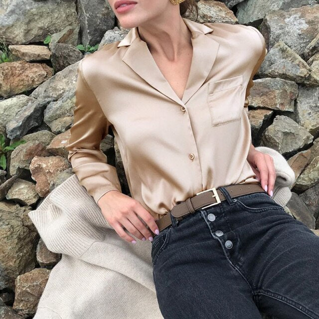 WOTWOY Women Satin Silk Long Sleeve Shirt