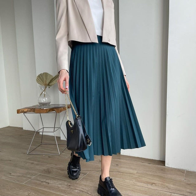 WOTWOY Women Mid-Long Pleated Vintage Skirt
