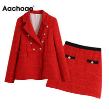 Load image into Gallery viewer, AACHOAE Women 2 Piece Set Tweed Double Breasted Blazer And High Waist Pocket Mini Skirts
