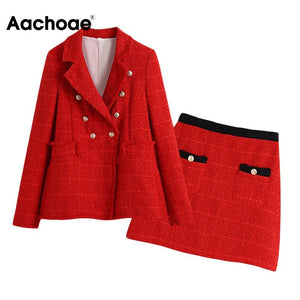 AACHOAE Women 2 Piece Set Tweed Double Breasted Blazer And High Waist Pocket Mini Skirts