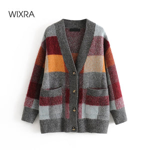 WIXRA Women Plaid Full Sleeve Soft Single-Breasted Knitted Cardigan