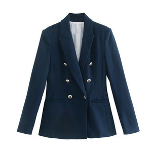WIXRA Women Navy Blazer Set Double Breasted Notched Top+Straight Pants