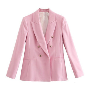 WIXRA Women Navy Blazer Set Double Breasted Notched Top+Straight Pants