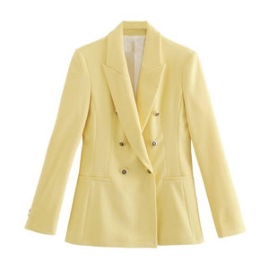 WIXRA Women Navy Blazer Set Double Breasted Notched Top+Straight Pants