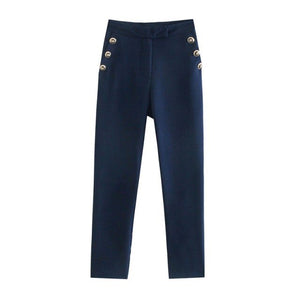 WIXRA Women Navy Blazer Set Double Breasted Notched Top+Straight Pants