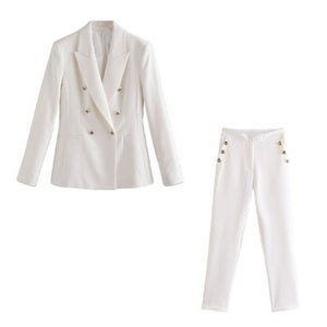 WIXRA Women Navy Blazer Set Double Breasted Notched Top+Straight Pants