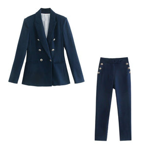 WIXRA Women Navy Blazer Set Double Breasted Notched Top+Straight Pants