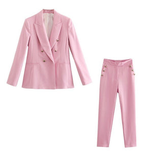 WIXRA Women Navy Blazer Set Double Breasted Notched Top+Straight Pants