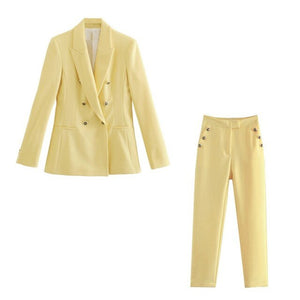 WIXRA Women Navy Blazer Set Double Breasted Notched Top+Straight Pants