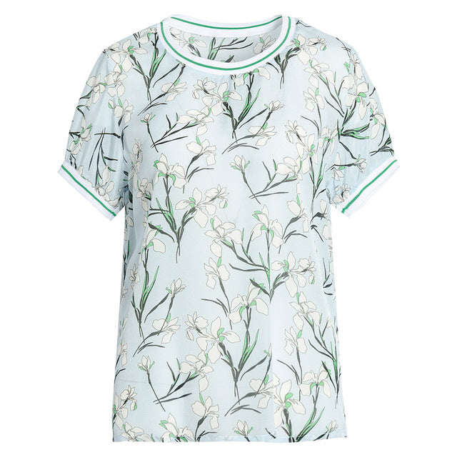 SUYADREAM Short Sleeve Crepe Floral Printed Top