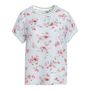 SUYADREAM Short Sleeve Crepe Floral Printed Top